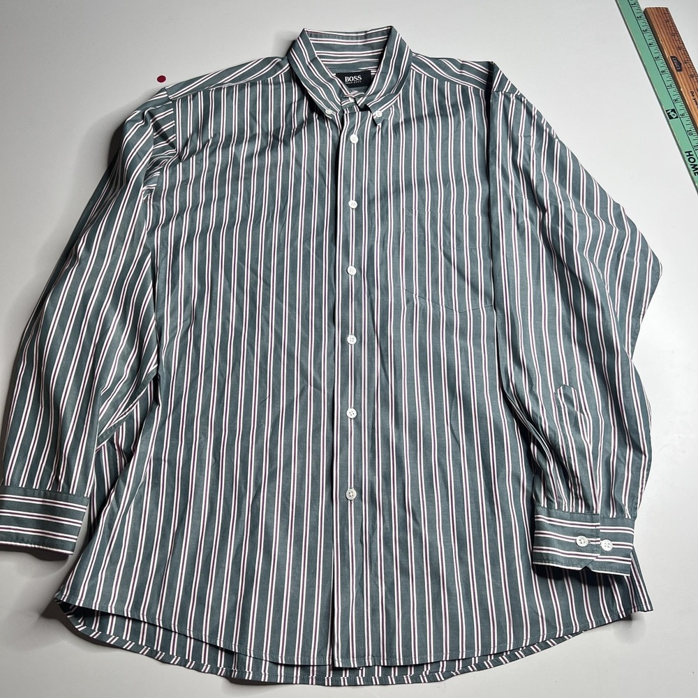 Hugo Boss Men Green Striped Button Down Shirt Long Sleeve Size M Business Casual